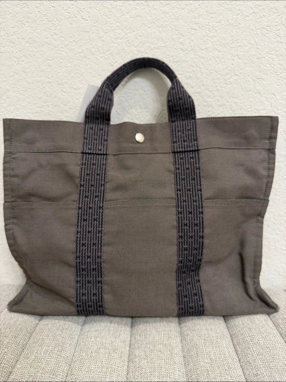 Hermes Gray Canvas Tote Bag with Black / Gray Straps